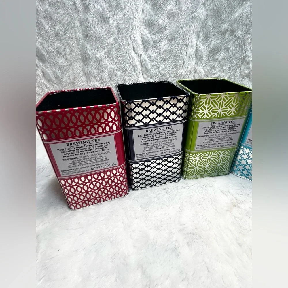 (6) EMPTY METAL TIN TEA BAG CONTAINERS VASES PEN HOLDERS ORGANIZERS NO LIDS